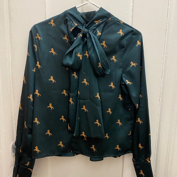 Satin Teal with Golden Horses Long Sleeve - Picture 1 of 4